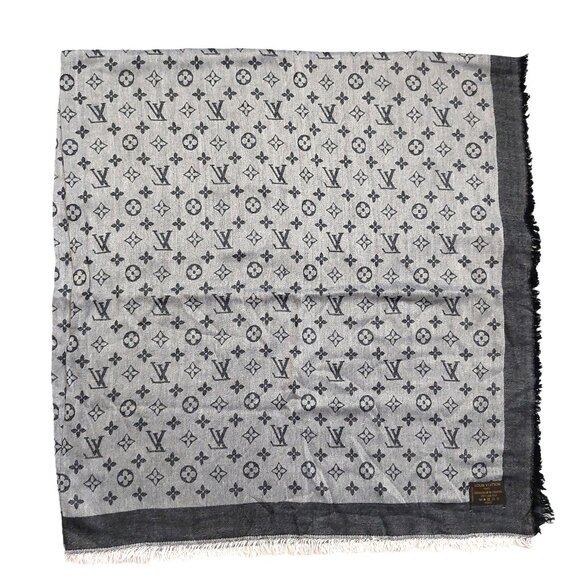 LOUIS VUITTON LV Vintage Light & Charcoal Gray Black Monogram Scarf Shawl Wrap - Picture 8 of 11
